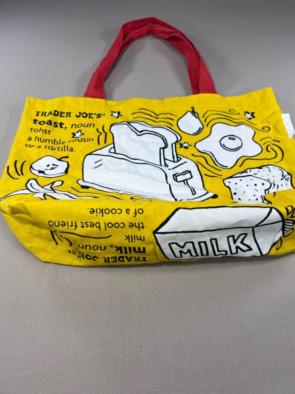 Trader Joe’s Yellow Canvas Tote Bag Red Handles Toast Milk Grocery Shopping Bag - Picture 2 of 8